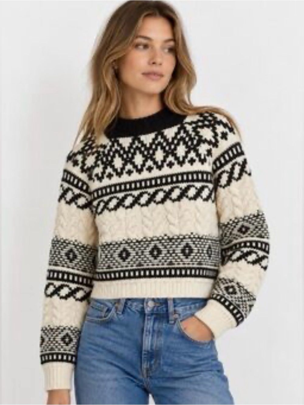 Zara Black Cream Fair Isle Cable-Knit Crewneck Chunky Crop Sweater Size Small
